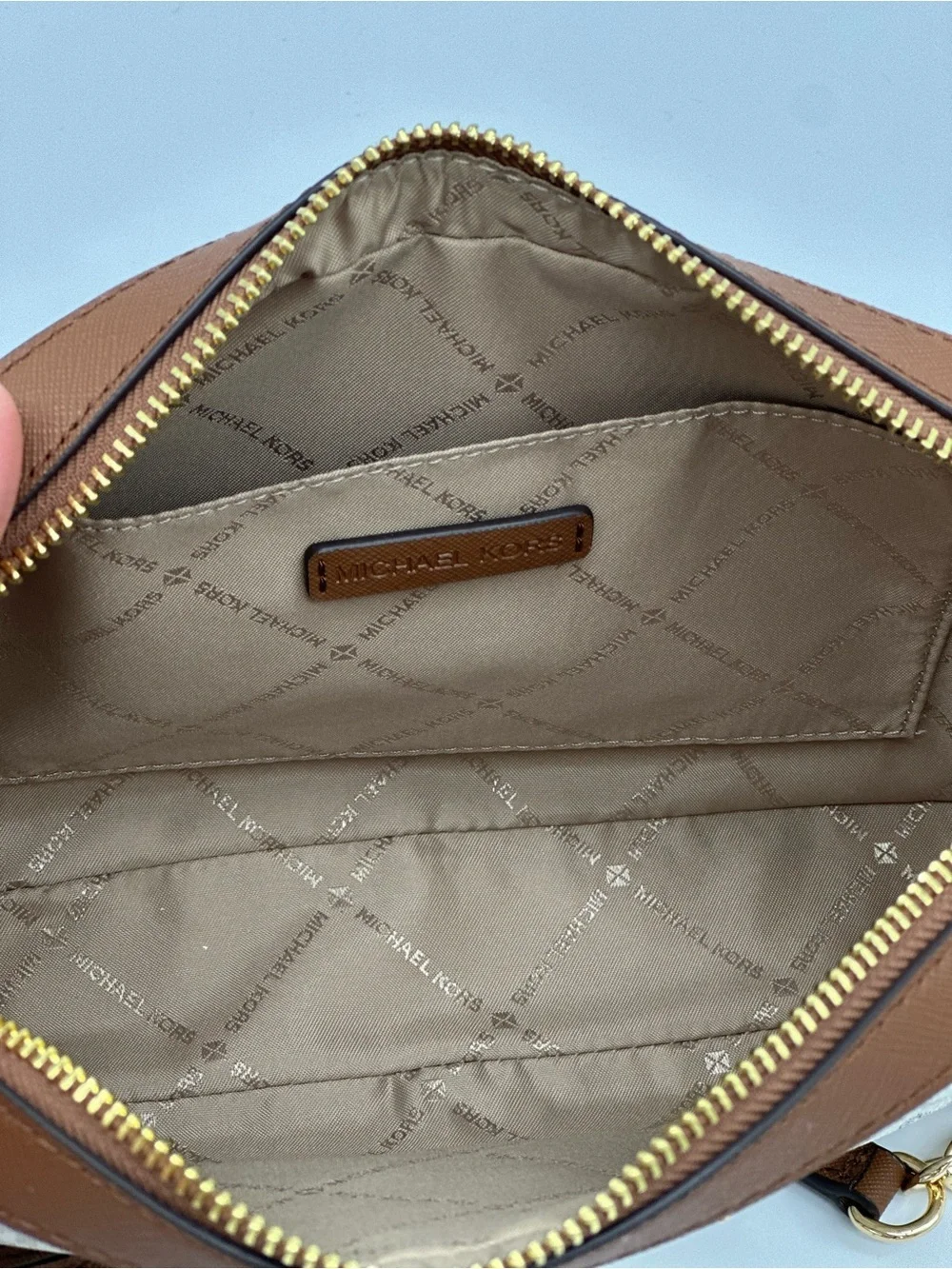 Michael Kors Signature MK Monogram Crossbody in Brown/Canvas with Gold Hardware